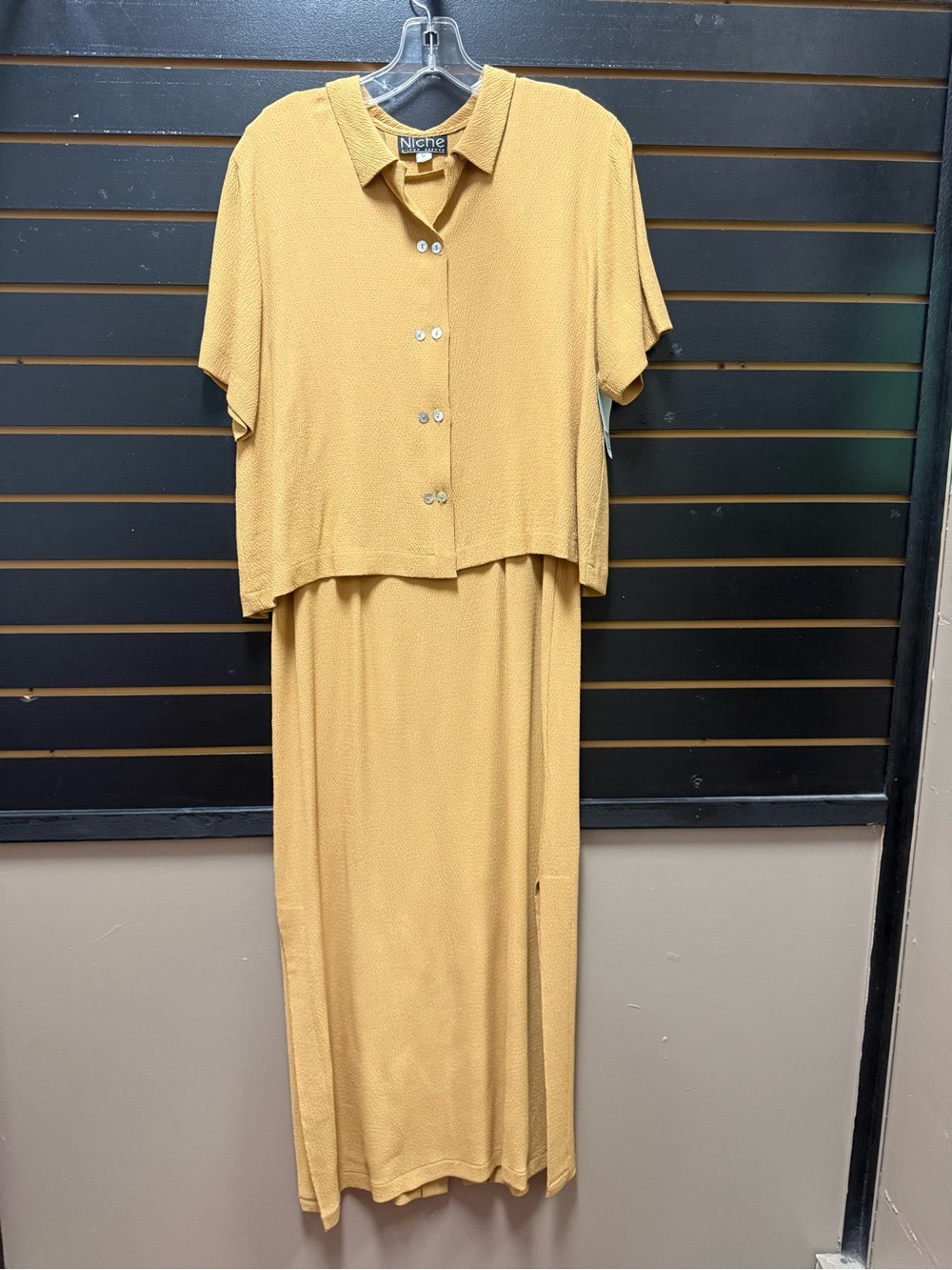 Niche Nilgun Derman 2 Piece Camel Tan Crinkle Dress Set Size S